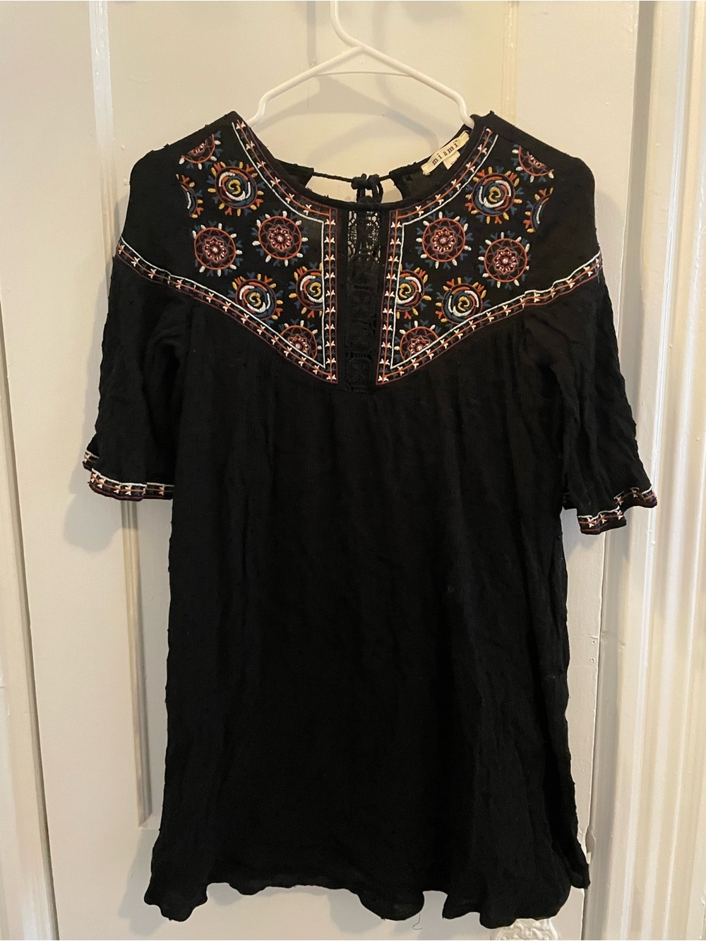 miami Black Peasant Tunic with Multicolor Embroidery